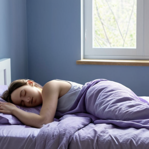 Home 15 A serene bedroom with soft, muted blue walls, lavender bedding, and natural light streaming in. A person is peacefully sleeping in the bed. The overall atmosphere is calming and restful, promoting sleep and relaxation.